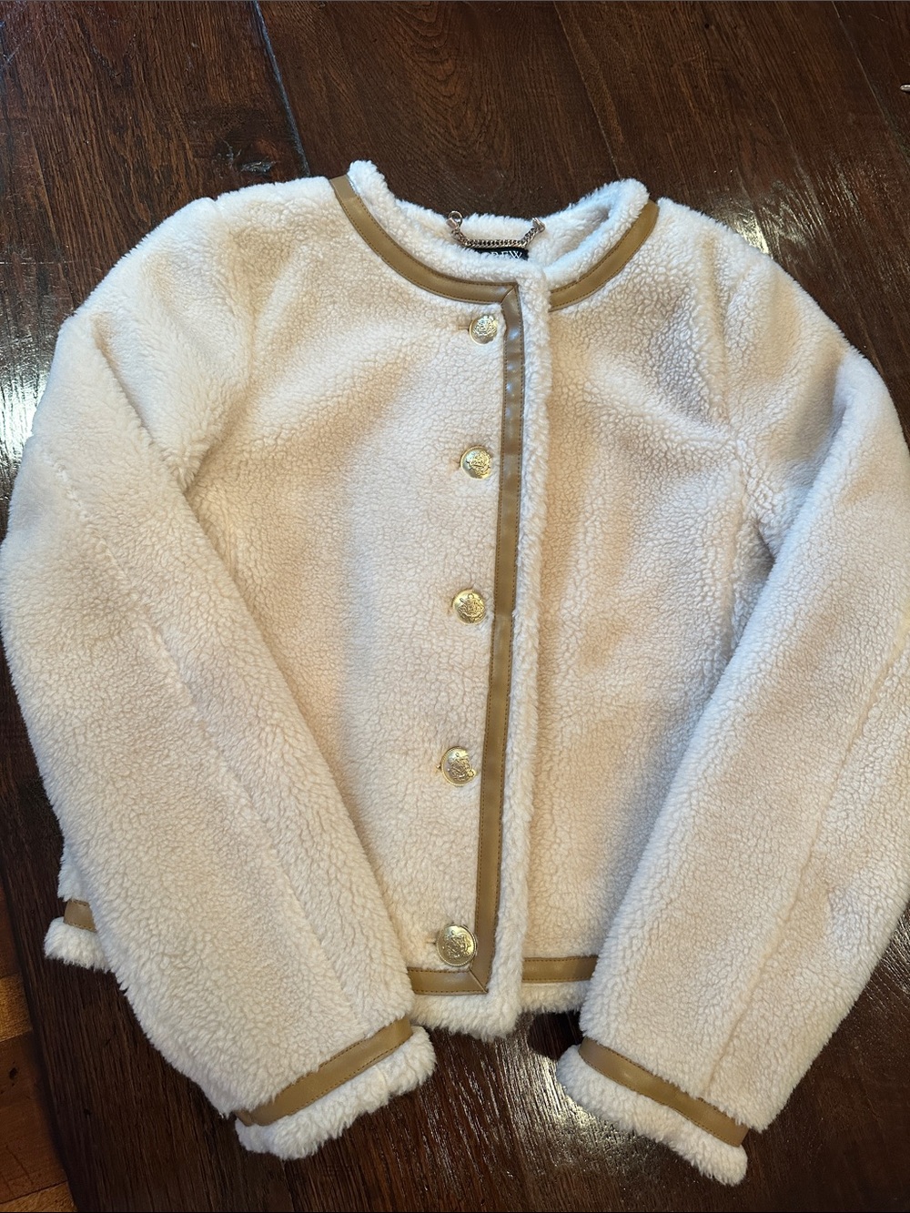 J. Crew Collection Cream Sherpa Jacket with Tan LeatherTrim/Gold Buttons